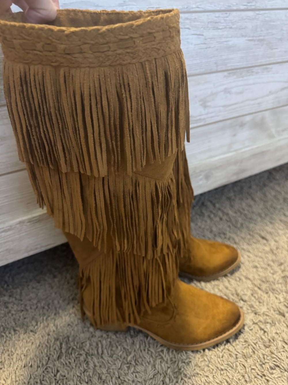 Not Rated Brand Suede Fringe Boots in Dark Tan